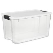 Sterilite 70 Qt Ultra Latch Box, Stackable Storage Bin with Latching Lid,  Organize Clothes, Sport Gear in Basement, Clear with White Lid, 4-Pack