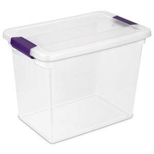 Sterilite Caja de almacenamiento apilable de plástico resistente de 20  galones con tapa de cierre seguro, gris/azul, (paquete de 4)