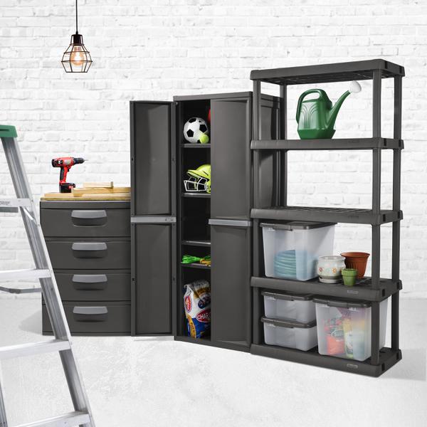 Details about   Storage Cabinet Garage 4 Shelf Lockable Plastic Utility Pantry Closet Organizer 