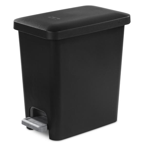 1.6 gal. Black Rectangular Step-On Plastic Trash Can with Lid