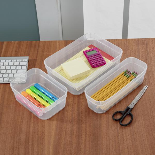 Essentials Clear Plastic 3-Compartment Storage Trays with Lids, 8x3x2 in.