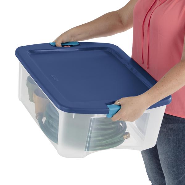  Sterilite 12 Gal Latch and Carry, Stackable Storage Bin with  Latching Lid, Plastic Container to Organize Closets, Clear with Blue Lid,  12-Pack