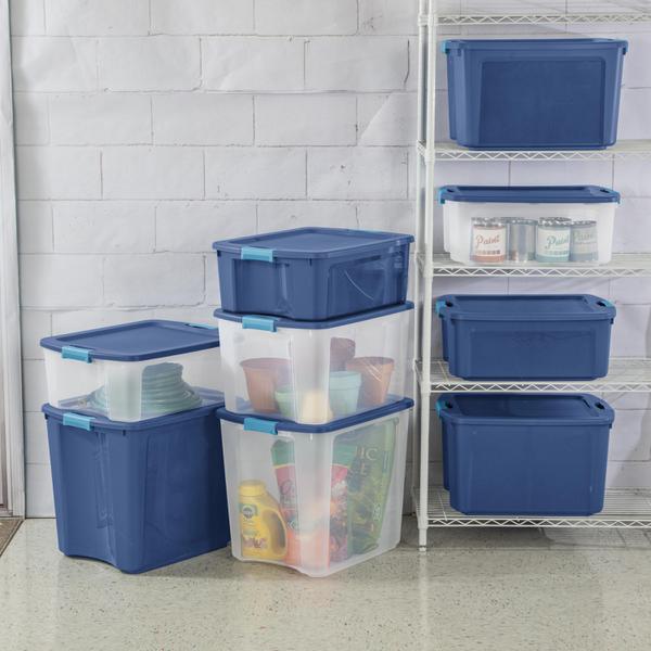 Sterilite 18 Gal Latch and Carry, Stackable Storage Bin with Latching Lid,  Plastic Tote Container to Organize Closets, Blue with Blue Lid, 18-Pack