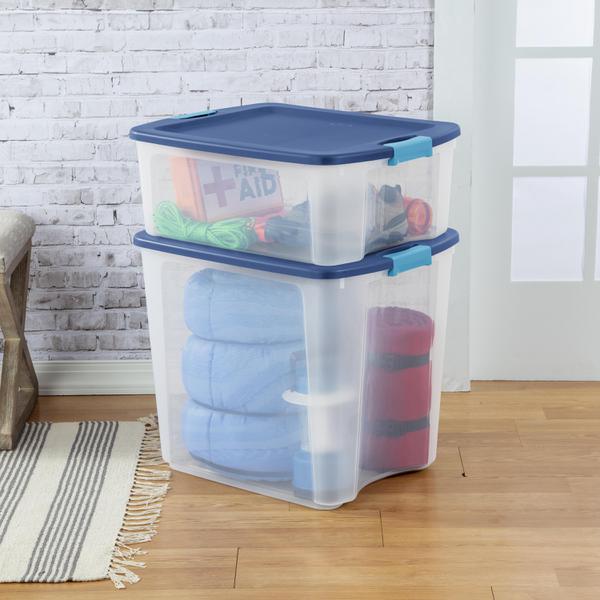 Sterilite 18 Gal Latch and Carry, Stackable Storage Bin with Latching Lid,  Plastic Container to Organize Closets, Clear with Blue Lid, 12-Pack