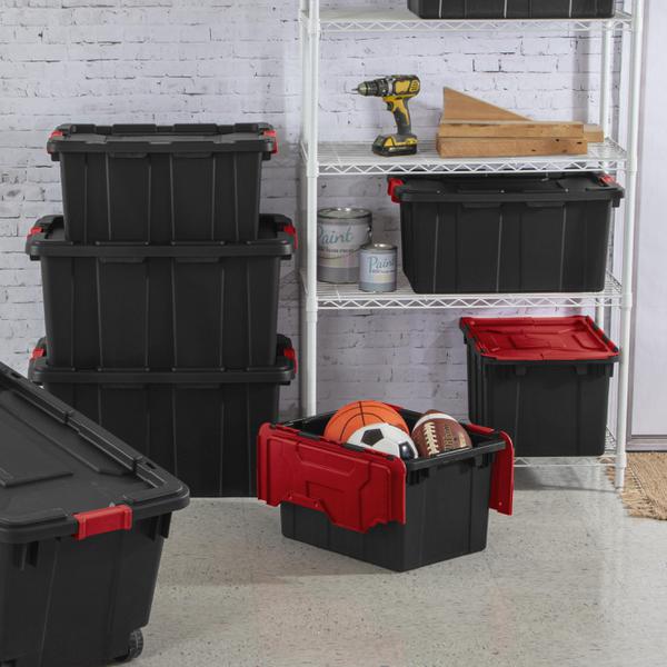 Stackable storage bin with hinged lid, 38L