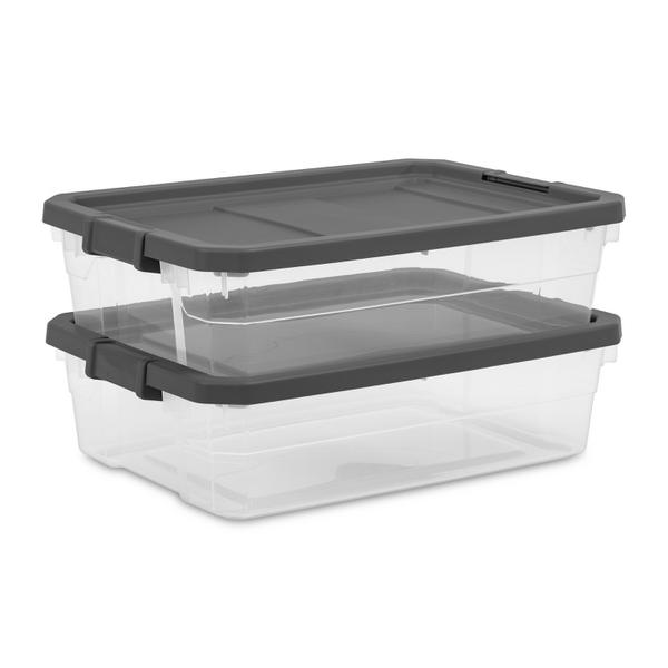 Container Plastic Storage Boxes 40 Quart Stackable Flat Bin Tote W/ Lid Set  of 6