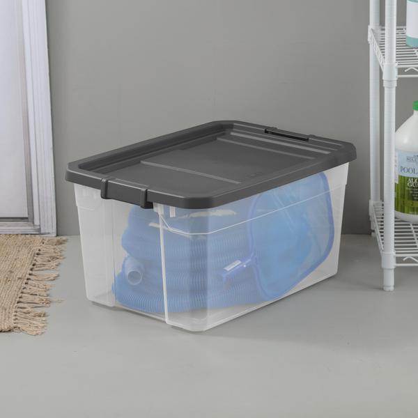Sterilite 40 qt Clear Plastic Storage Bin Totes with Latching Lid, Gray (6 Pack)
