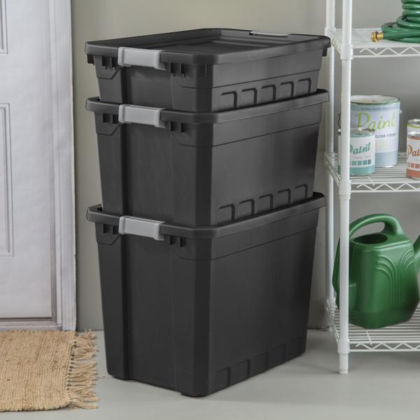 Sterilite 27 Gallon Plastic Stacker Tote, Heavy Duty Lidded Storage Bin  Container for Stackable Garage and Basement Organization, Black, 4-Pack