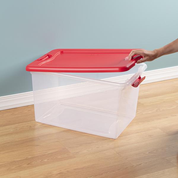 Sterilite 64 Qt Latching Storage Box, Stackable Bin with Latch Lid,  Organize Holiday Decor in Closet, Clear Base with Red Lid, 6-Pack