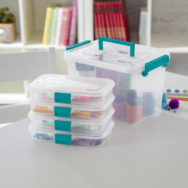 Sterilite Stack & Carry 2 Layer Box Small Storage, Clear, Pack of 4