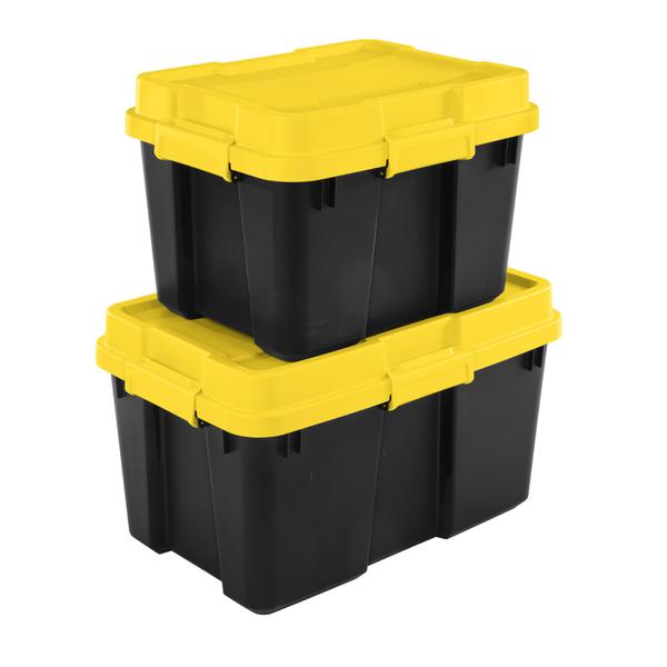 Sterilite 18319Y04 20 Gallon Heavy Duty Plastic Storage Container Box with  Lid and Latches, Yellow/Black (4 Pack)