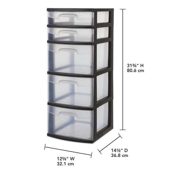 Sterilite Plastic 5-Drawer Tower, Black with Clear Drawers, Adult 