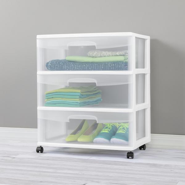 Sterilite 29308001 Wide 3 Drawer Cart White Frame with Clear Drawers and Black Casters 