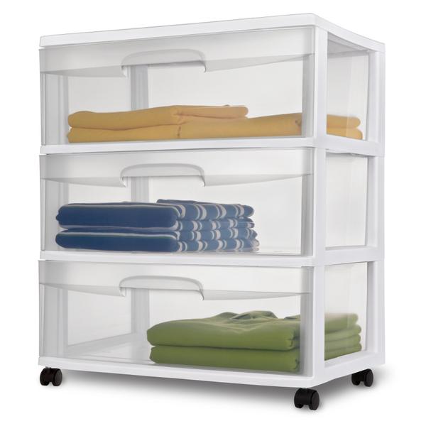 White Frame with Clear Drawers and Black Casters Sterilite 29308001 Wide 3 Drawer Cart